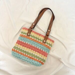 Multi-Color Striped Crochet Bag w/ Leather Handles